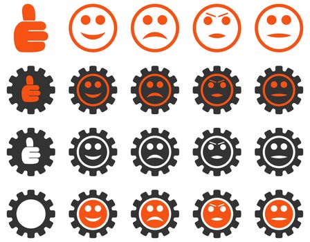 Settings and Smile Gears Icons. Icon set style is bicolor flat images, orange and gray colors, isolated on a white background.