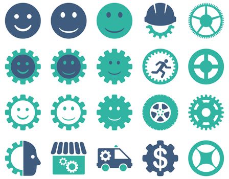 Tools and Smile Gears Icons. Icon set style is bicolor flat images, cobalt and cyan colors, isolated on a white background.