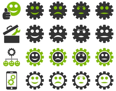 Tools and Smile Gears Icons. Icon set style is bicolor flat images, eco green and gray colors, isolated on a white background.