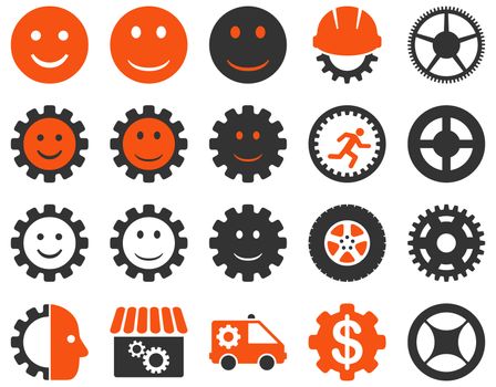 Tools and Smile Gears Icons. Icon set style is bicolor flat images, orange and gray colors, isolated on a white background.