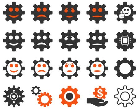 Tools and Smile Gears Icons. Icon set style is bicolor flat images, orange and gray colors, isolated on a white background.