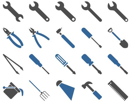 Equipment and Tools Icons. Icon set style is bicolor flat images, cobalt and gray colors, isolated on a white background.