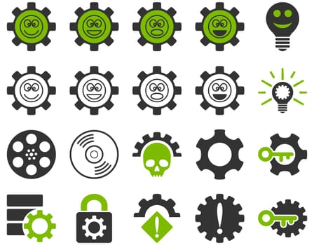 Tools and Smile Gears Icons. Icon set style is bicolor flat images, eco green and gray colors, isolated on a white background.