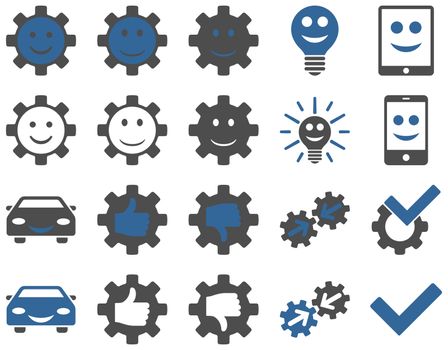 Tools and Smile Gears Icons. Icon set style is bicolor flat images, cobalt and gray colors, isolated on a white background.