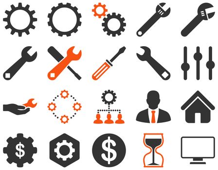 Settings and Tools Icons. Icon set style is bicolor flat images, orange and gray colors, isolated on a white background.