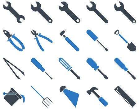 Equipment and Tools Icons. Icon set style is bicolor flat images, smooth blue colors, isolated on a white background.