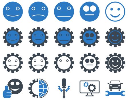 Tools and Smile Gears Icons. Icon set style is bicolor flat images, smooth blue colors, isolated on a white background.