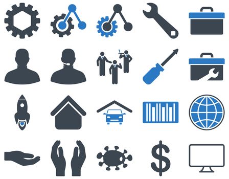 Settings and Tools Icons. Icon set style is bicolor flat images, smooth blue colors, isolated on a white background.