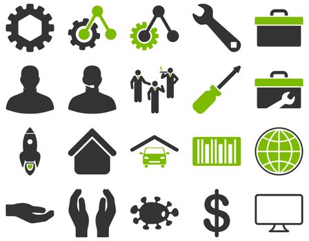 Settings and Tools Icons. Icon set style is bicolor flat images, eco green and gray colors, isolated on a white background.