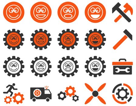 Tools and Smile Gears Icons. Icon set style is bicolor flat images, orange and gray colors, isolated on a white background.