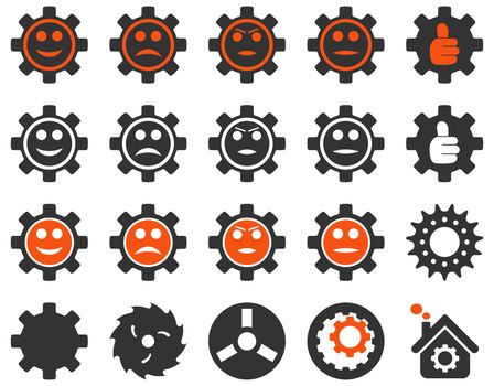 Tools and Smile Gears Icons. Icon set style is bicolor flat images, orange and gray colors, isolated on a white background.