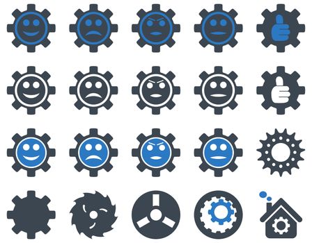 Tools and Smile Gears Icons. Icon set style is bicolor flat images, smooth blue colors, isolated on a white background.