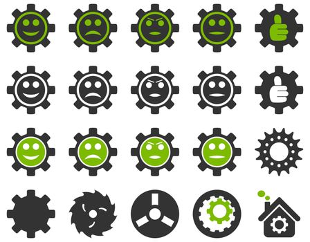 Tools and Smile Gears Icons. Icon set style is bicolor flat images, eco green and gray colors, isolated on a white background.