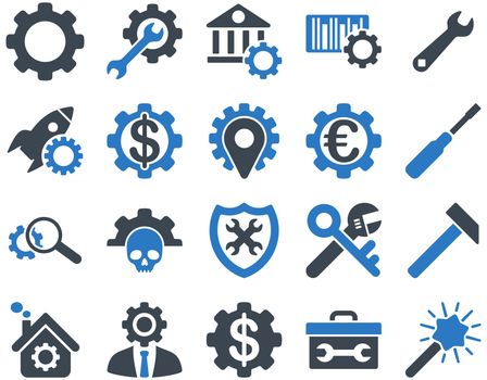 Settings and Tools Icons. Icon set style is bicolor flat images, smooth blue colors, isolated on a white background.