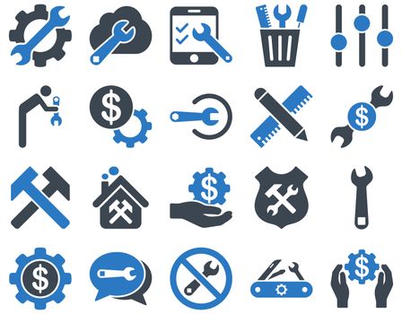 Settings and Tools Icons. Icon set style is bicolor flat images, smooth blue colors, isolated on a white background.