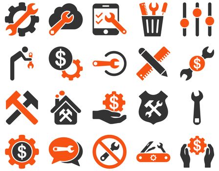 Settings and Tools Icons. Icon set style is bicolor flat images, orange and gray colors, isolated on a white background.