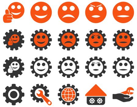 Settings and Smile Gears Icons. Icon set style is bicolor flat images, orange and gray colors, isolated on a white background.