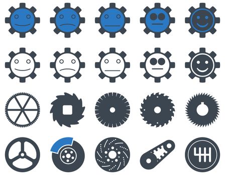 Tools and Smile Gears Icons. Icon set style is bicolor flat images, smooth blue colors, isolated on a white background.