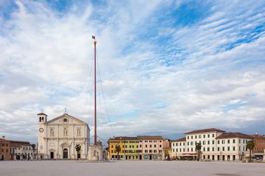 Main square and cathedral of Palmanova, town and comune in northeastern Italy. The town is an excellent example of star fort of the Late Renaissance, built up by the Venetians in 1593.