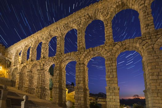 Astronomy - Star Trails and the Roman Aqueduct in the city of Segovia in the Castila-y-Leon region of central Spain.