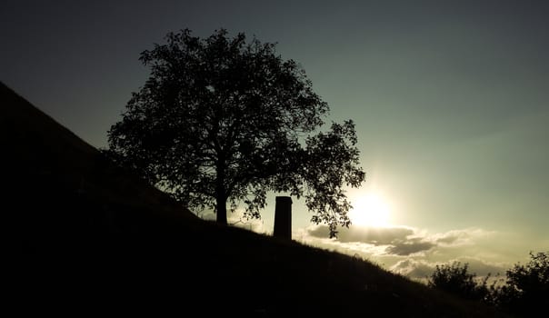 Silhouette of a monument next to a tree in the sunset with a cloudy sky