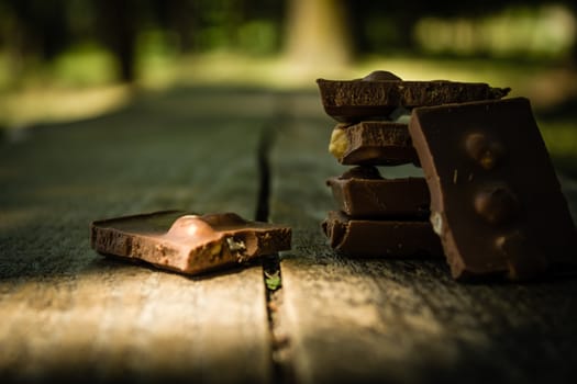 Chocolate pieces on a wooden table in park