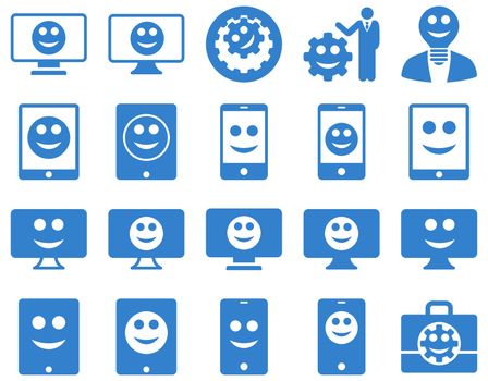 Tools, options, smiles, displays, devices icons. Glyph set style is flat images, cobalt symbols, isolated on a white background.