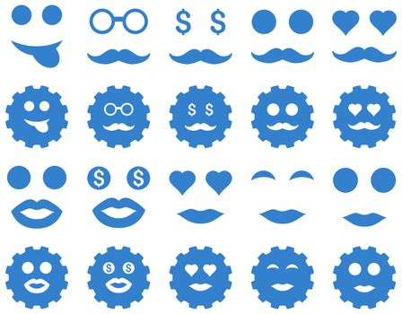 Tool, gear, smile, emotion icons. Glyph set style is flat images, cobalt symbols, isolated on a white background.