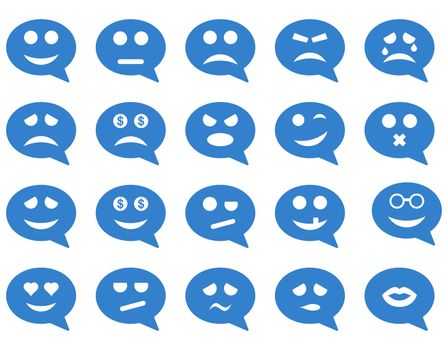 Chat emotion smile icons. Glyph set style is flat images, cobalt symbols, isolated on a white background.