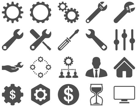 Settings and Tools Icons. Glyph set style is flat images, gray color, isolated on a white background.