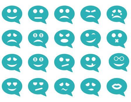 Chat emotion smile icons. Glyph set style is flat images, cyan symbols, isolated on a white background.