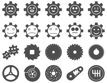 Tools and Smile Gears Icons. Glyph set style is flat images, gray color, isolated on a white background.