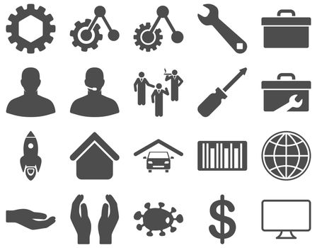 Settings and Tools Icons. Glyph set style is flat images, gray color, isolated on a white background.