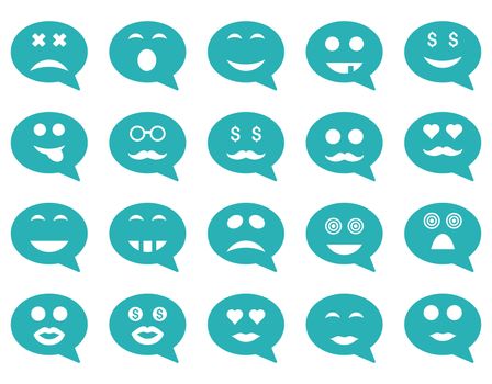Chat emotion smile icons. Glyph set style is flat images, cyan symbols, isolated on a white background.