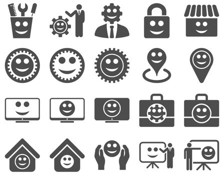 Tools, gears, smiles, management icons. Glyph set style is flat images, gray symbols, isolated on a white background.