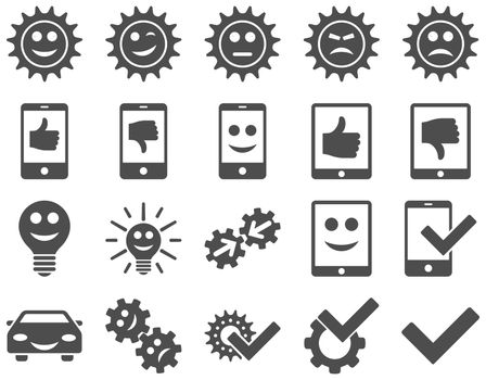 Tools and Smile Gears Icons. Glyph set style is flat images, gray color, isolated on a white background.