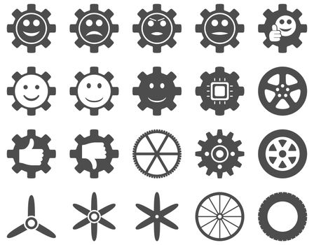 Tools and Smile Gears Icons. Glyph set style is flat images, gray color, isolated on a white background.