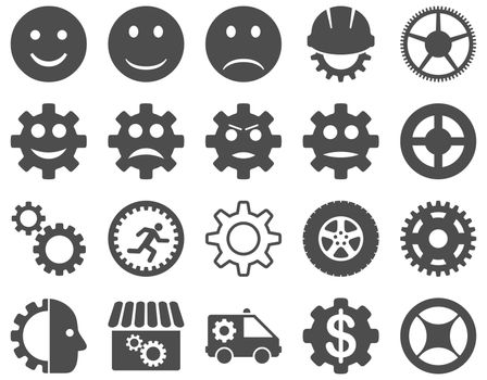 Tools and Smile Gears Icons. Glyph set style is flat images, gray color, isolated on a white background.