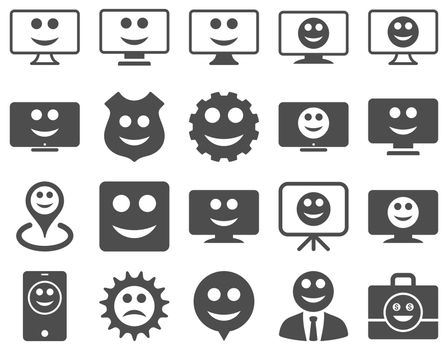 Tools, gears, smiles, dilspays icons. Glyph set style is flat images, gray symbols, isolated on a white background.