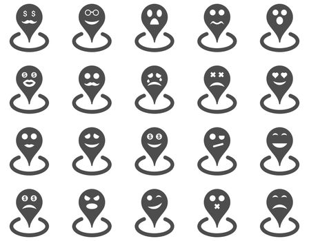 Smiled location icons. Glyph set style is flat images, gray symbols, isolated on a white background.