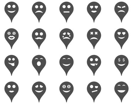 Emotion map marker icons. Glyph set style is flat images, gray symbols, isolated on a white background.