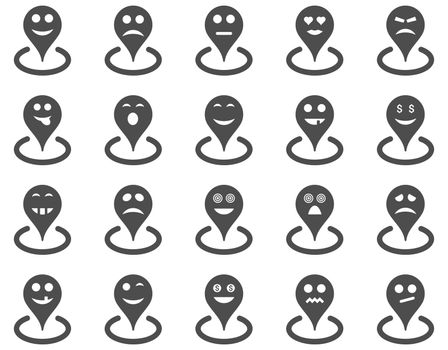 Smiled location icons. Glyph set style is flat images, gray symbols, isolated on a white background.