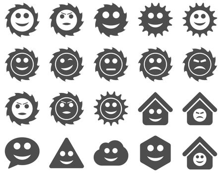Tools, gears, smiles, emotions icons. Glyph set style is flat images, gray symbols, isolated on a white background.