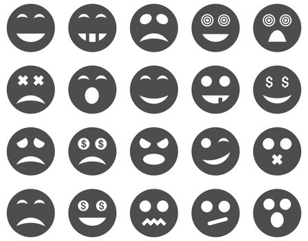 Smile and emotion icons. Glyph set style is flat images, gray symbols, isolated on a white background.