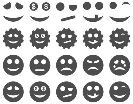 Tools, gears, smiles, emoticons icons. Glyph set style is flat images, gray symbols, isolated on a white background.