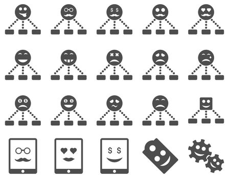 Smile, emotion, relations and tablet icons. Glyph set style is flat images, gray symbols, isolated on a white background.