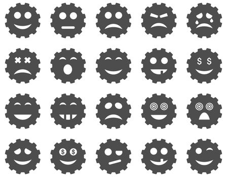 Gear emotion icons. Glyph set style is flat images, gray symbols, isolated on a white background.