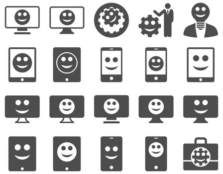 Tools, options, smiles, displays, devices icons. Glyph set style is flat images, gray symbols, isolated on a white background.