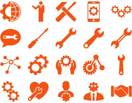 Settings and Tools Icons. Glyph set style is flat images, orange color, isolated on a white background.