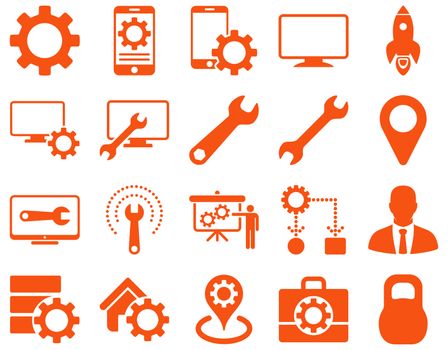 Settings and Tools Icons. Glyph set style is flat images, orange color, isolated on a white background.